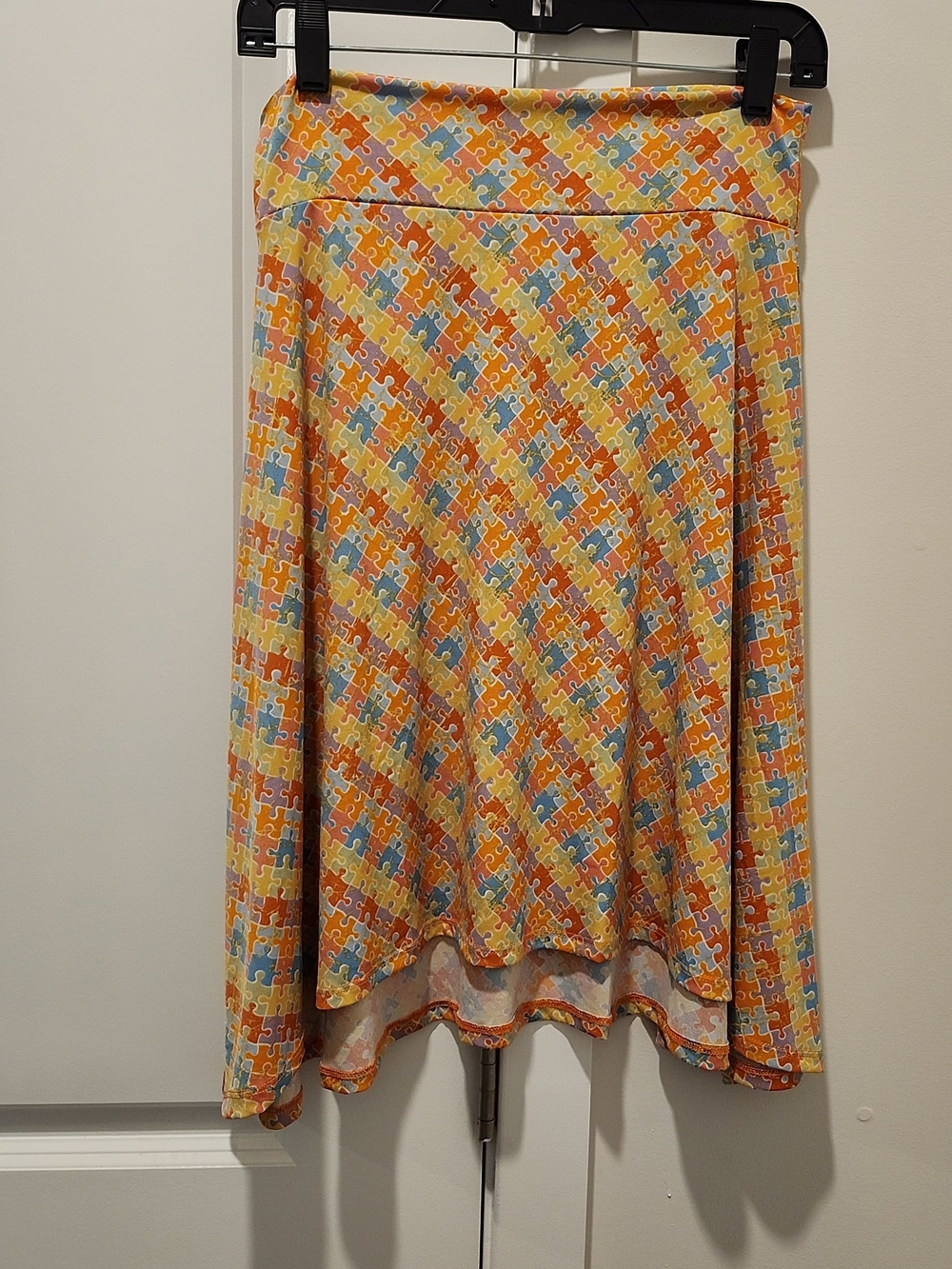 LuLaRoe High-Low Puzzle Print Skirt in Yellow, Orange and Blue
